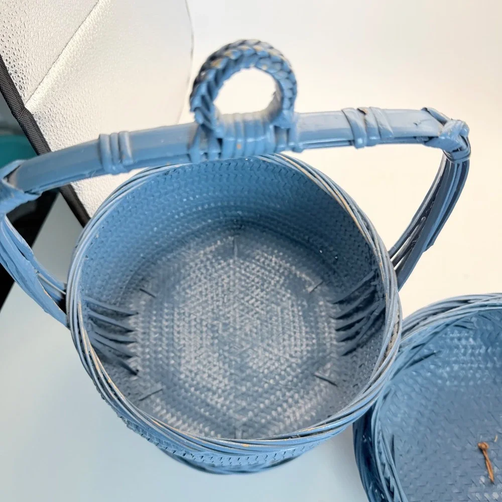 VTG Chinese Woven Blue Wedding Basket Carved Jade Pendant Tassel Lidded Large